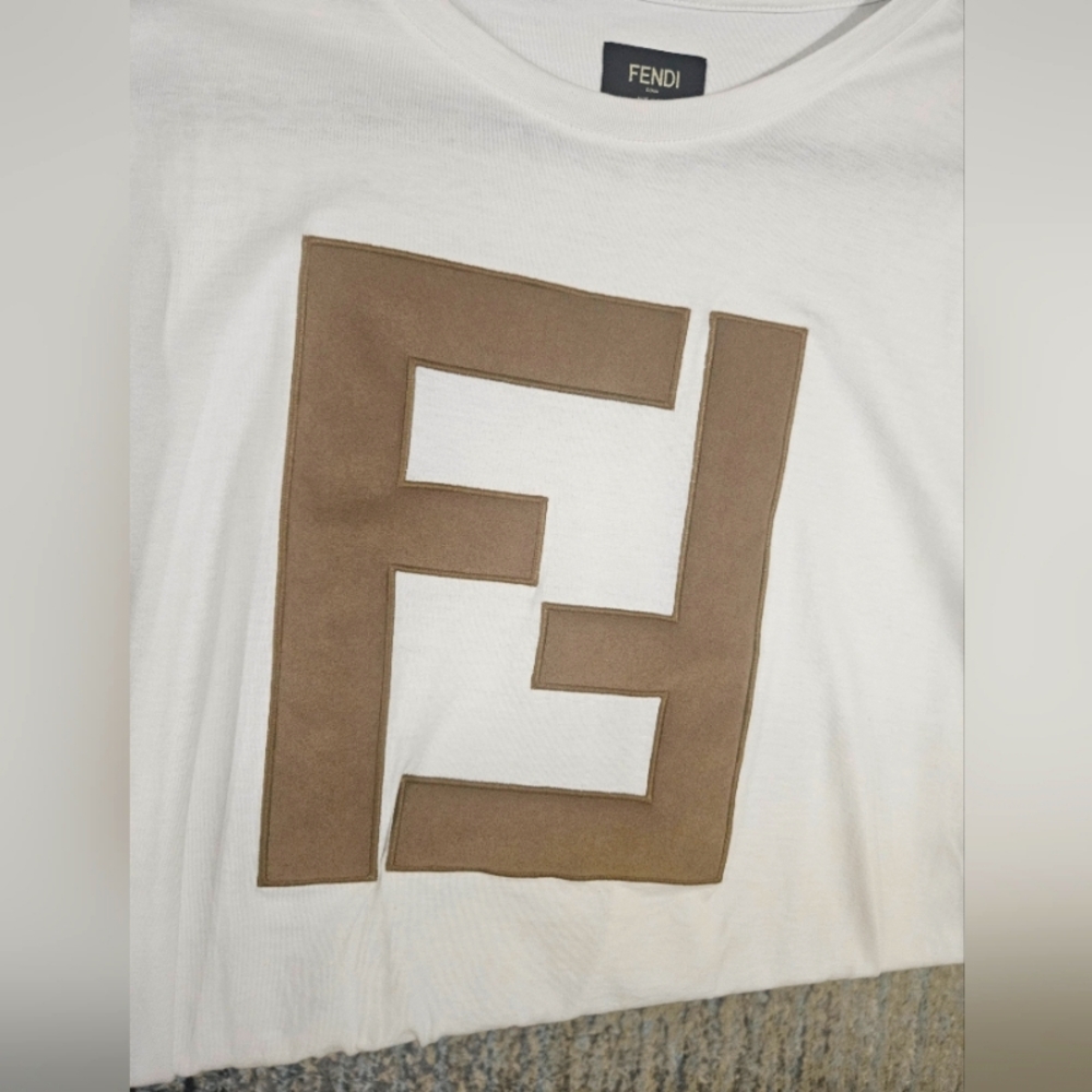 Fendi Mens Forever Fendi FF Logo T Shirt Medium White Brown Cotton Short Sleeve